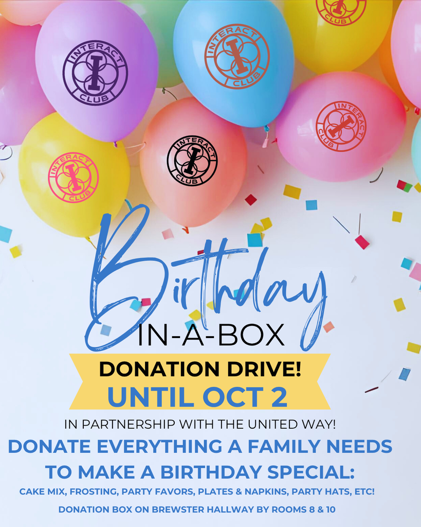 Colorful balloons and confetti decorate an invitation to donate items for a birthday. Text highlights "Birthday in a Box Donation Drive" and a deadline.