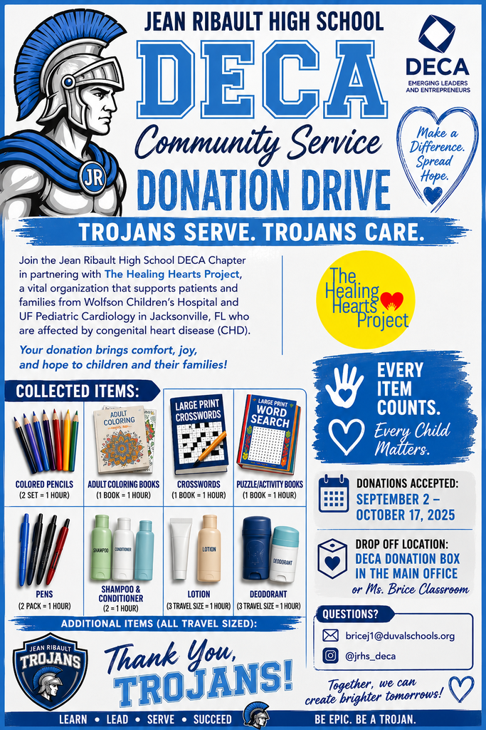 Poster for Jean Ribault High School DECA Community Service Donation Drive, featuring a helmeted Trojan, accepted items, and a date of September 2 to October 17, 2025.