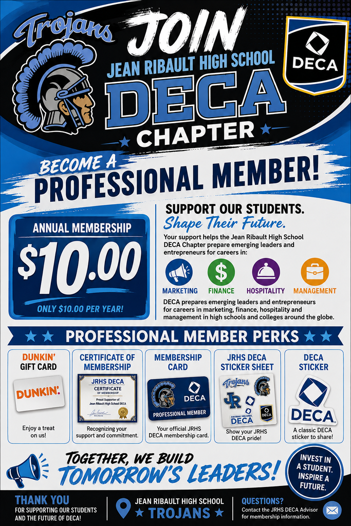 Blue and white poster for Jean Ribaut High School DECA chapter membership. Features price, benefits, and contact info.