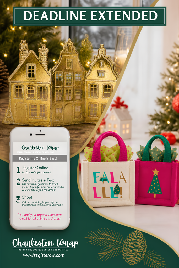 Advertisement for Charleston Wrap, showing a phone screen with instructions and three decorative items. Background features miniature gold buildings and Christmas decorations.
