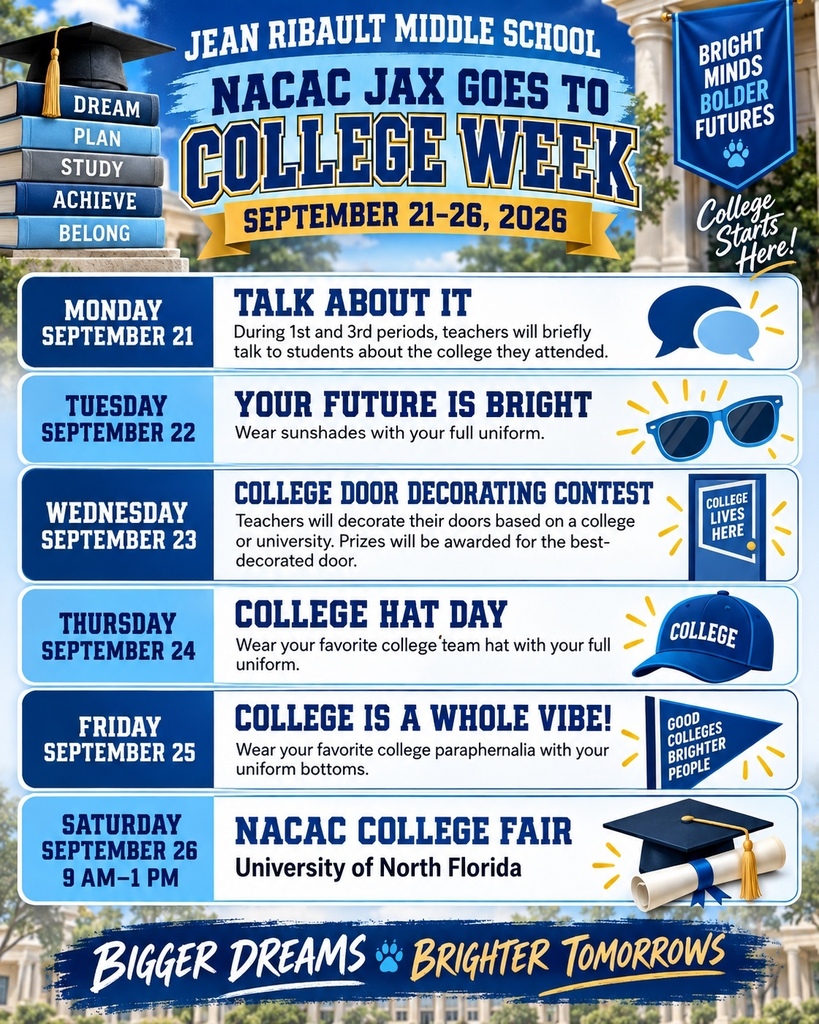 A college week event schedule from September 21-26, 2026, includes Talk About It, Future Bright, College Hat Day, and a College Fair.
