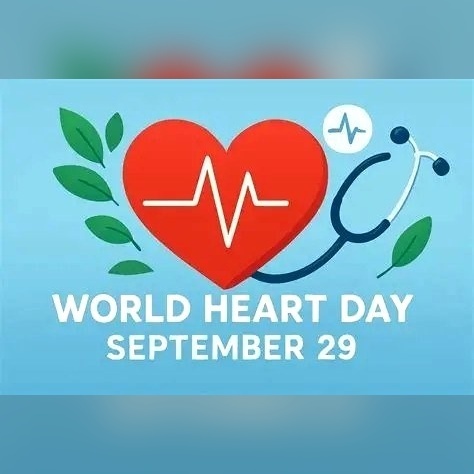 Heart, stethoscope, leaves, and heartbeat lines on blue background. "WORLD HEART DAY SEPTEMBER 29" written in white.
