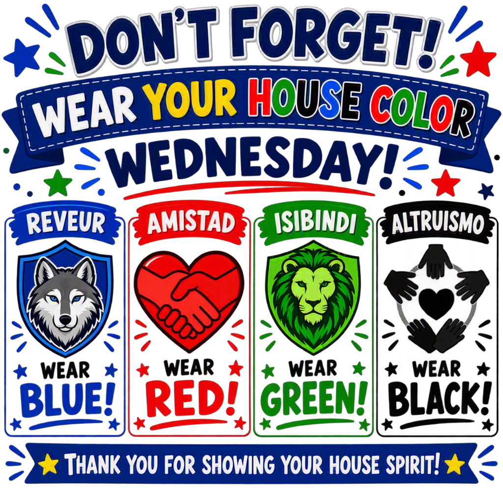 Poster with "Don't Forget! Wear Your House Color" text. Four icons: a wolf, a heart, a lion, and a mask. Colors: blue, red, green, black.