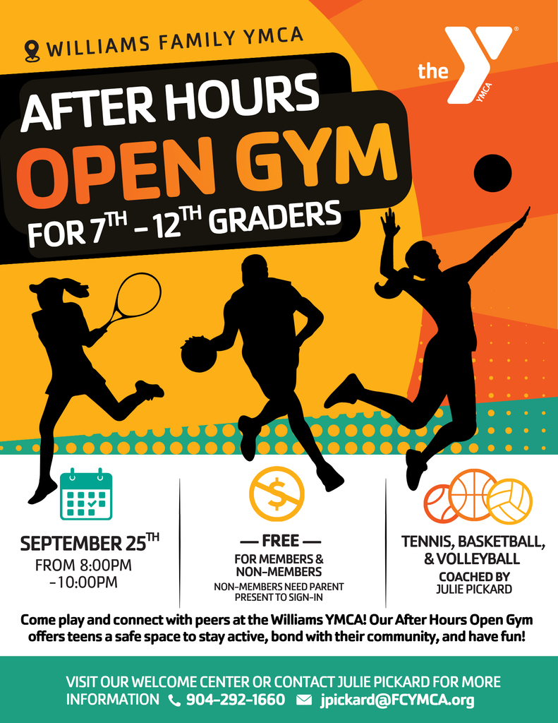 An open gym event for 7th to 12th graders, with silhouettes of people playing sports, on September 25th.