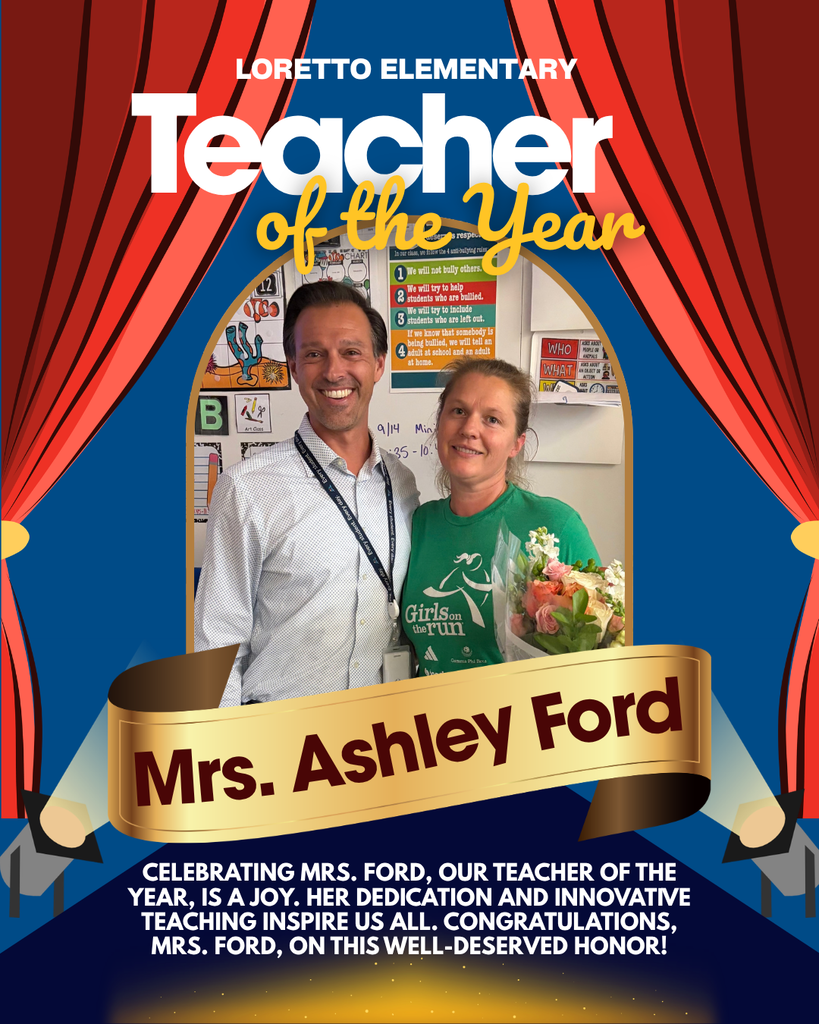 A poster features two smiling people, with one holding flowers. The text reads "Teacher of the Year" and "Mrs. Ashley Ford." The background includes red curtains and a spotlight.