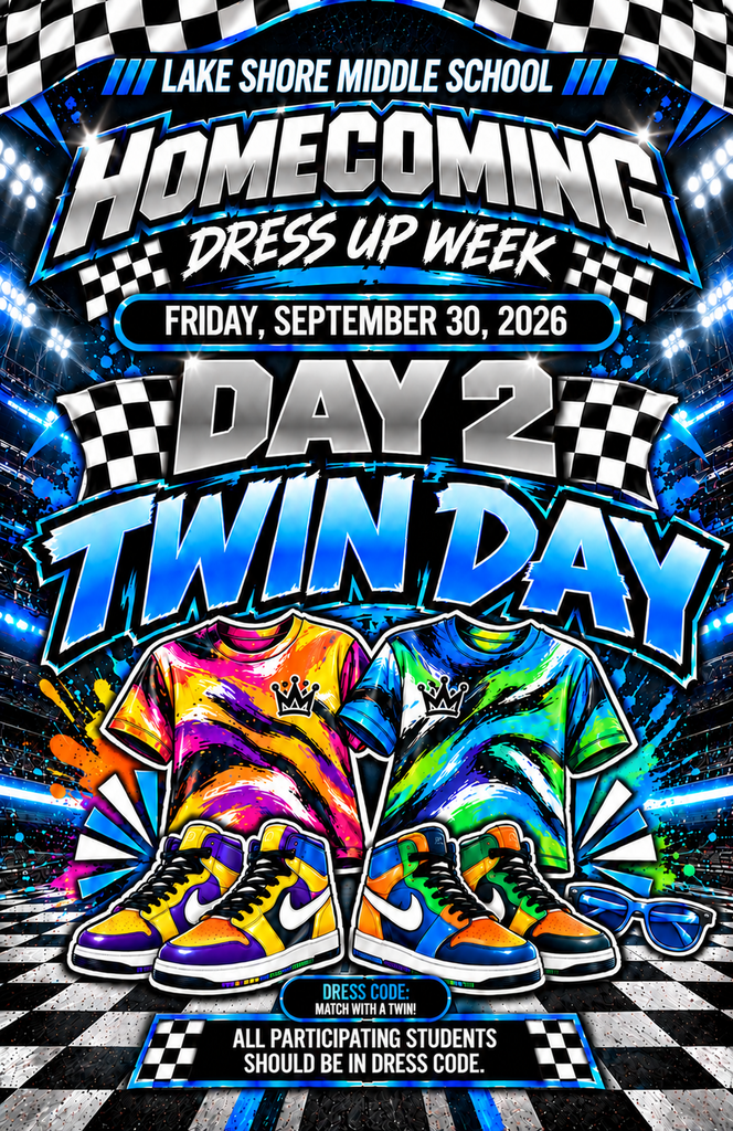 Event flyer for Homecoming Dress Up Week, Day 2: Twin Day. Two tie-dye shirts and sneakers with a black and white checkered background.