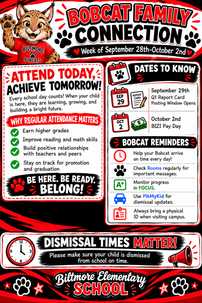 The Bobcat Family Connection newsletter uses Biltmore Elementary’s red, black, and white colors and features the school’s bobcat mascot. It highlights attendance, important dates for September 29 and October 2, school reminders, and the importance of timely dismissal.
