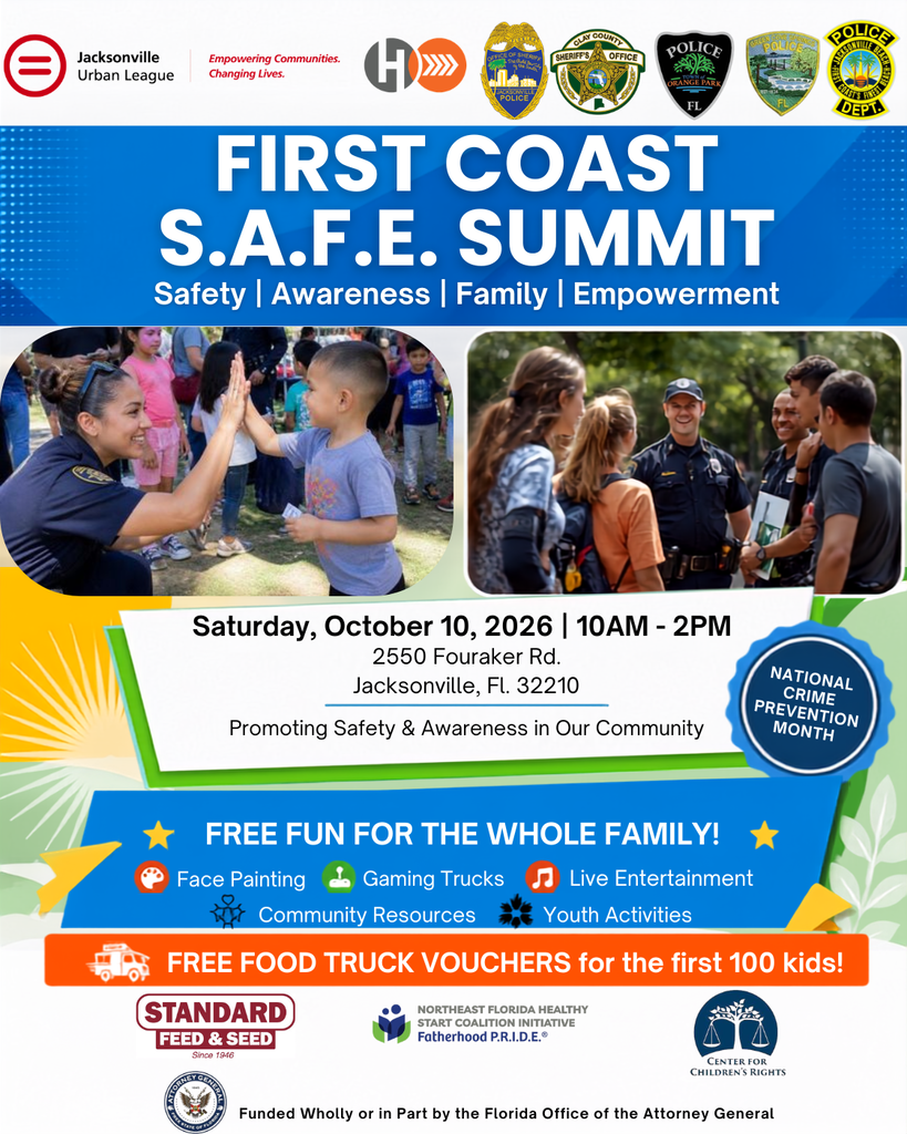 A flyer for the First Coast S.A.F.E. Summit. It says Saturday, October 10, 2026, 10 AM - 2 PM. It shows adults and children.