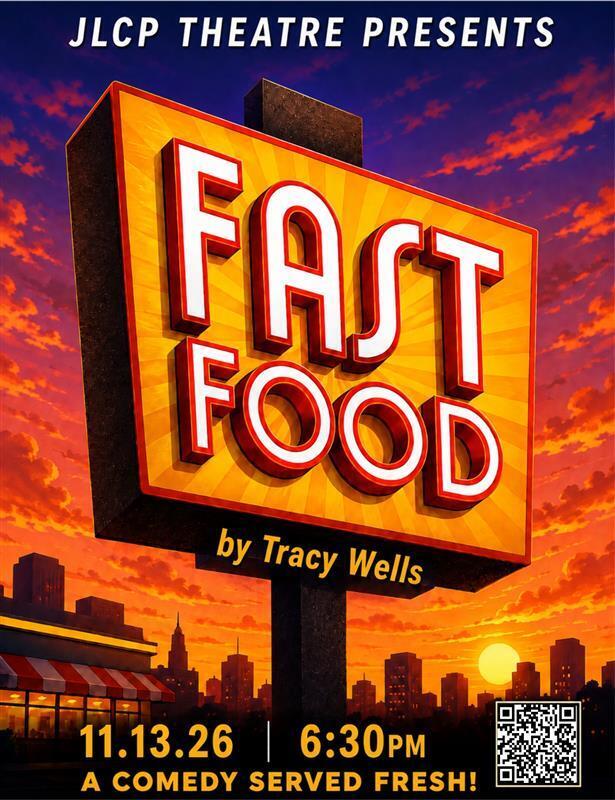 Advertisement for "Fast Food" by Tracy Wells. The sign reads "Fast Food" in bold letters. Background shows a city skyline at sunset.