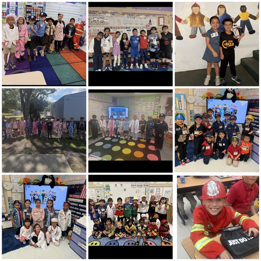 Collage of multiple images showing children in various activities, including standing, posing for pictures, and wearing costumes or uniforms.