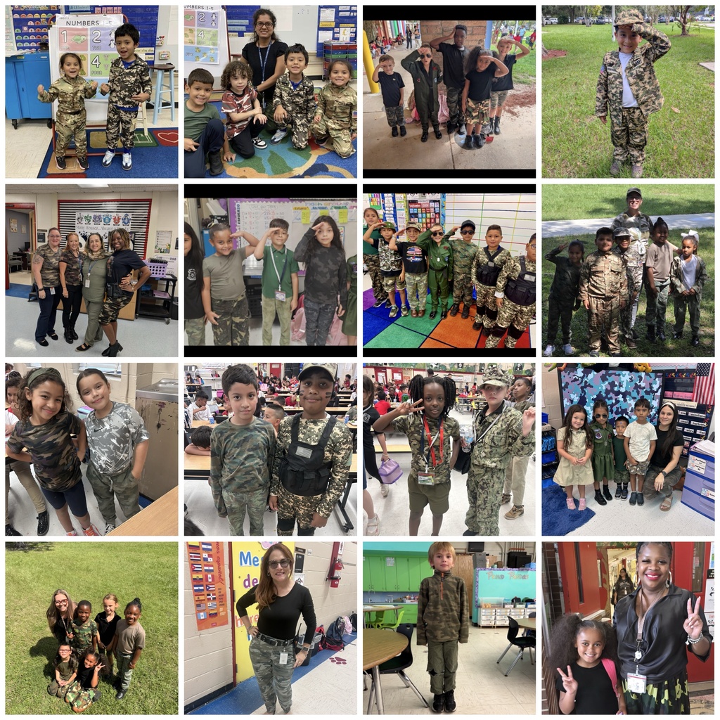 Multiple photos of children and adults in camouflage uniforms standing and posing in various classroom and outdoor settings.