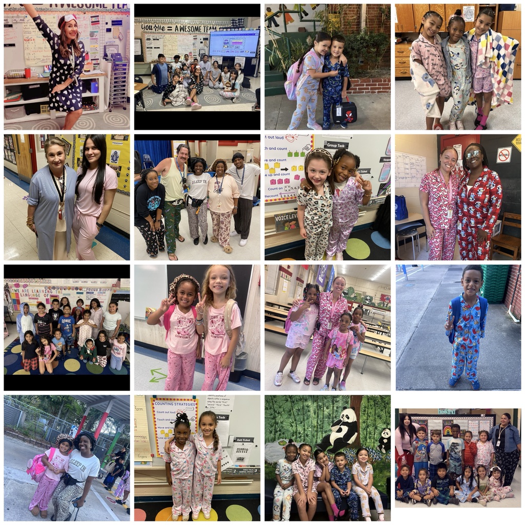 A collage of photos showing kids in pajamas, teachers, and classrooms. Some children are standing, others are sitting or posing for photos.