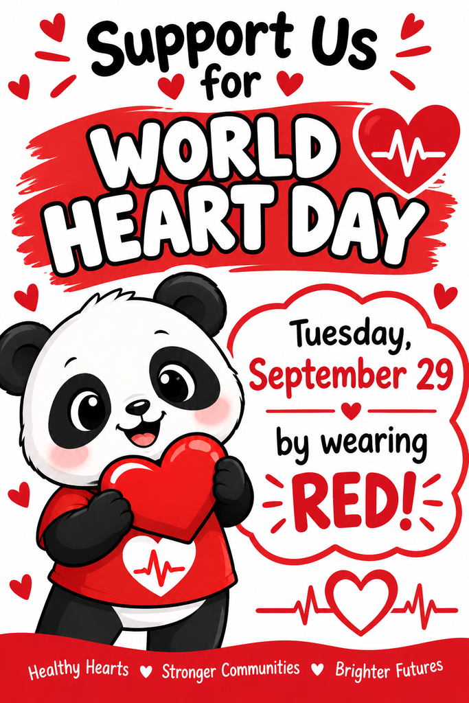 A panda holding a red heart, promoting World Heart Day on September 29. The background features hearts, heartbeat lines, and the words "Support Us".
