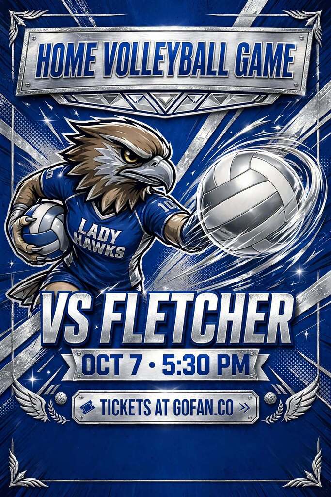 Volleyball game poster. Eagle mascot in blue holds ball and spike. Home vs. Fletcher, Oct 7, 5:30 PM. Buy tickets at GoFan.co.