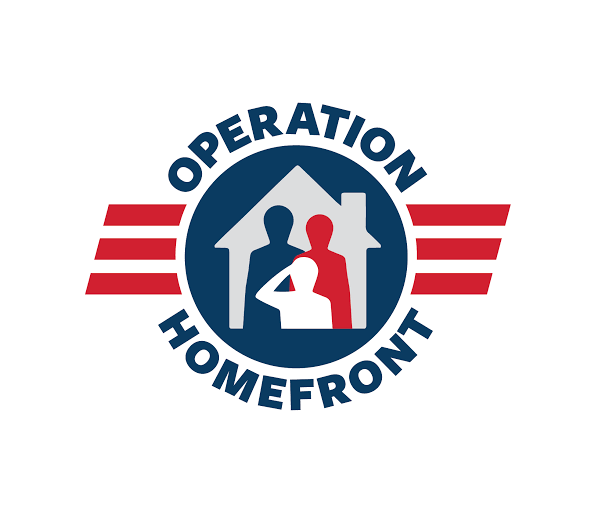 Logo for Operation Homefront, featuring a house and two figures with a salute, set against a red and white striped background.