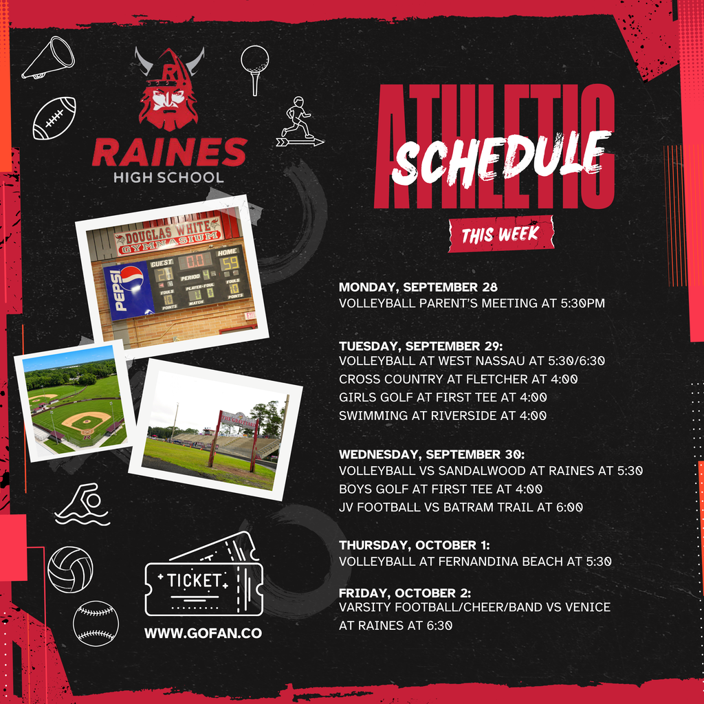Poster with dark background. School sports schedule for the week. Sports include volleyball, cross country, golf, and football.