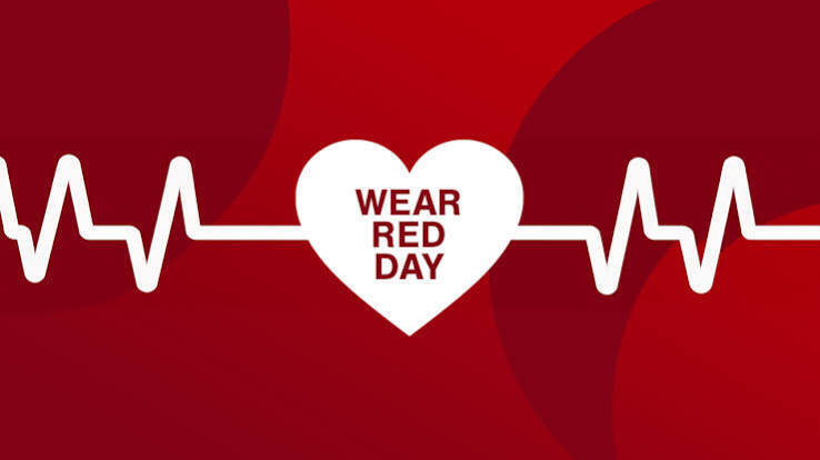 Heart symbol reads "WEAR RED DAY" with a heartbeat line above and below on red background.