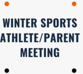 A white background displays blue text reading "WINTER SPORTS ATHLETE/PARENT MEETING." Three dots are placed at the top and bottom.