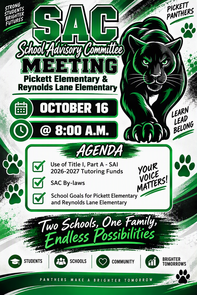 School Advisory Committee meeting on October 16 at 8:00 am for Reynolds Lane and Pickett Elementary
