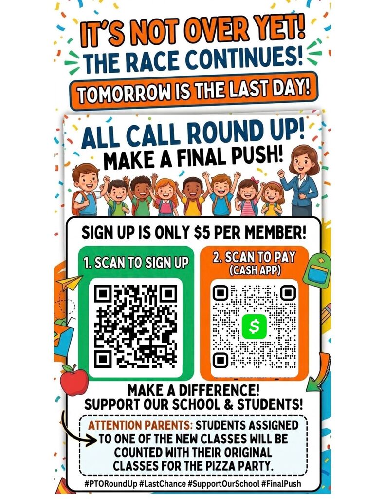 A poster encourages membership in PTO. It features a colorful design with children, a teacher, and QR codes for sign-up and payment.
