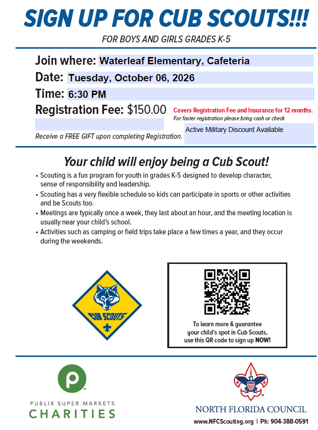 Document with title "Sign Up for Cub Scouts". It displays an event date, time, and location. It includes registration fee and active military fee information.