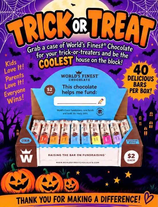 Halloween-themed box with "Trick or Treat" and "World's Finest Chocolate" text. Colorful bars inside. Pumpkins and bats on background.