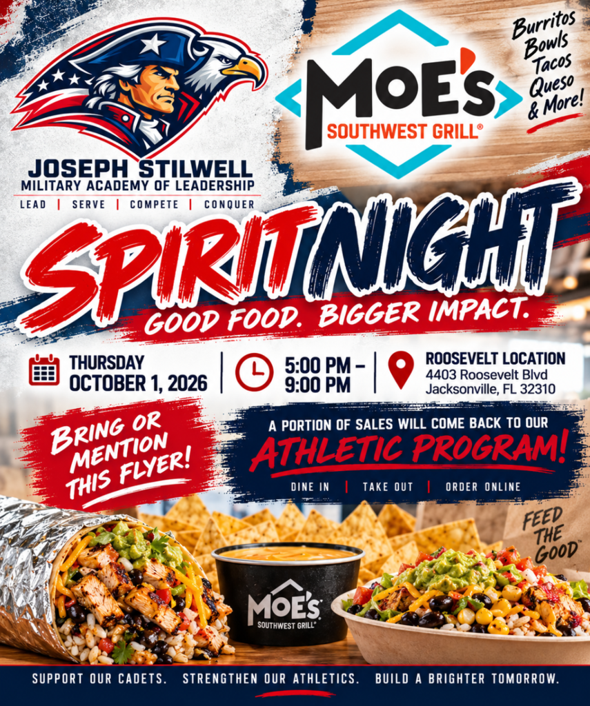 An advertisement for MOE's Spirit Night at Joseph Stilwell Military Academy. It includes a burrito, tacos, and quesadillas.
