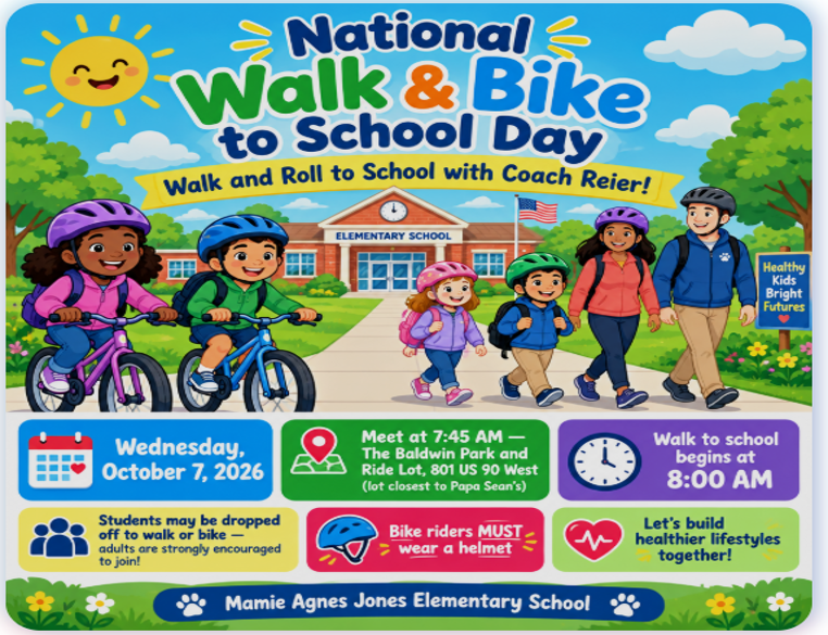 Poster for National Walk and Bike to School Day on Oct 7, 2026. Children walk, bike, and roll with adults.