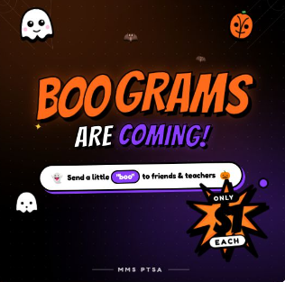 Dark background displays "BOO GRAMS ARE COMING!" with Halloween-themed graphics, including ghosts and pumpkins.