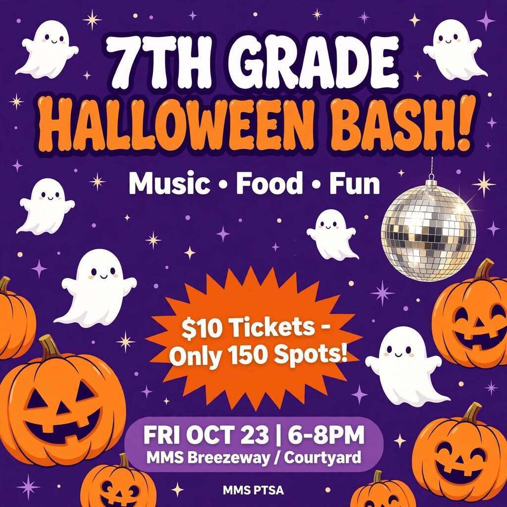 A poster advertises the 7th Grade Halloween Bash. It includes music, food, and fun. Tickets are $10.