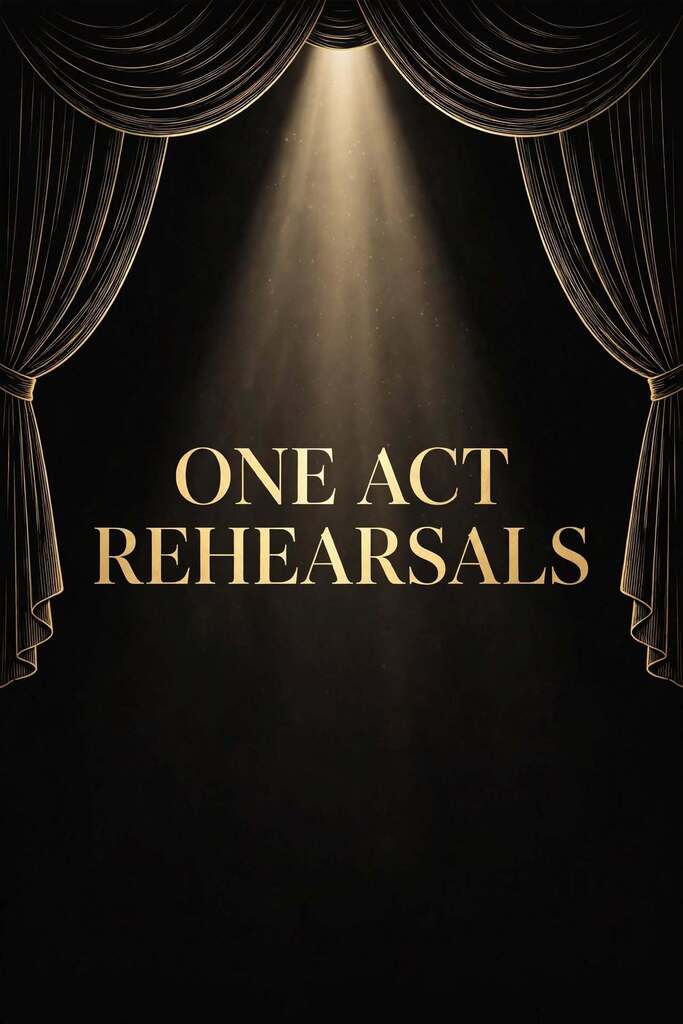 Black curtain with spotlight shining through. Text reads "One Act Rehearsals" in gold.