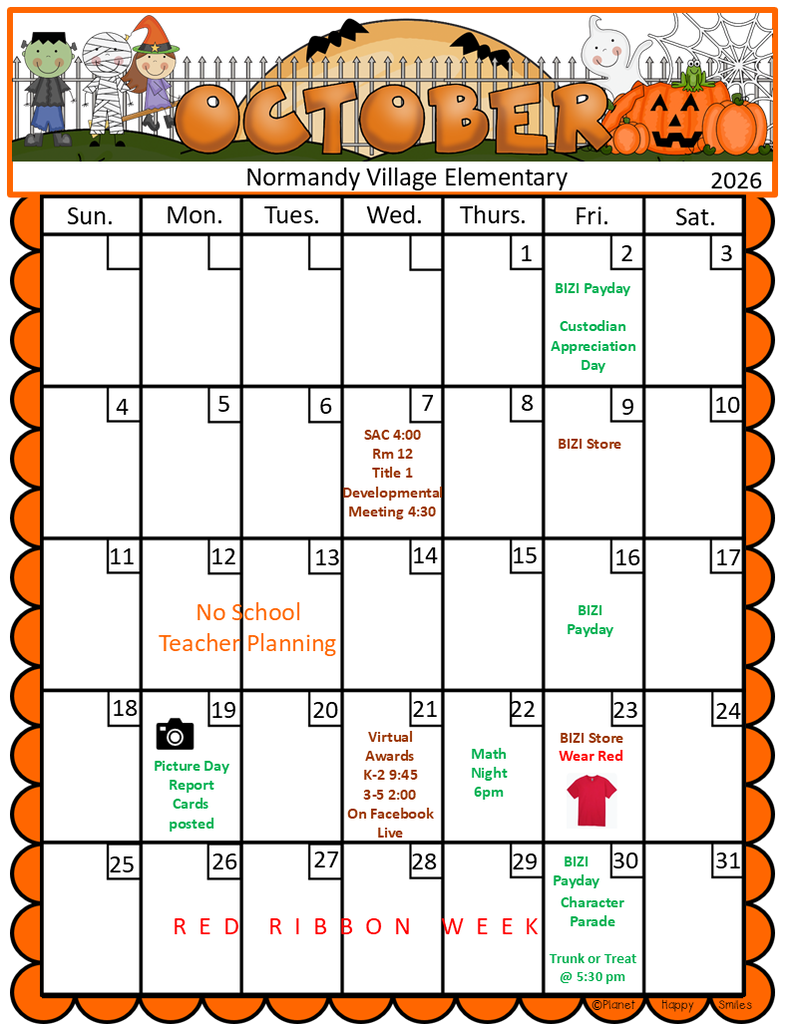 Calendar for October 2026 with days highlighted, such as No School Teacher Planning Day and Red Ribbon Week.