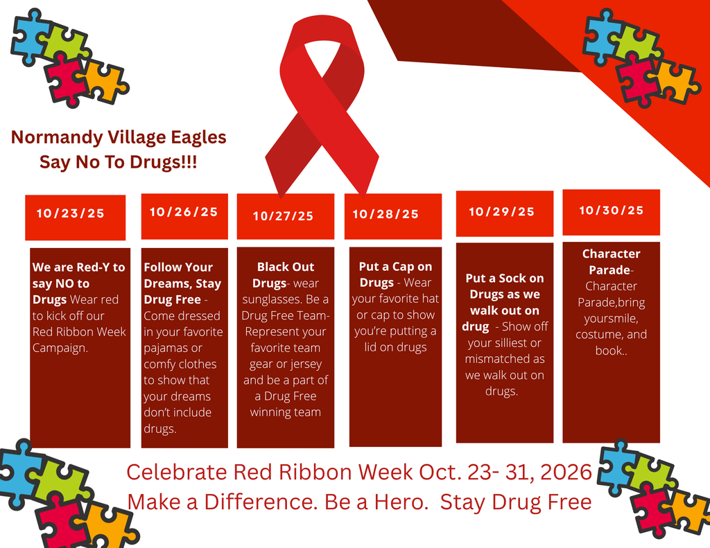 Red Ribbon Week event with schedule from Oct. 23-31, 2026, includes activities like "Follow Your Dreams" and "Black Out Drugs."