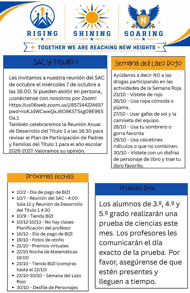 An informational flyer with text in Spanish. A sun is depicted with "Rising Shining" and "Together We Are Reaching New Heights". Sections include SAC Reunion, Week of the Red Cross, and more.
