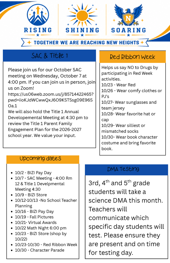 Document with blue and orange sections. Left section titled "SAC & Title 1" and "Upcoming dates". Right section titled "Red Ribbon Week" and "DMA Testing".