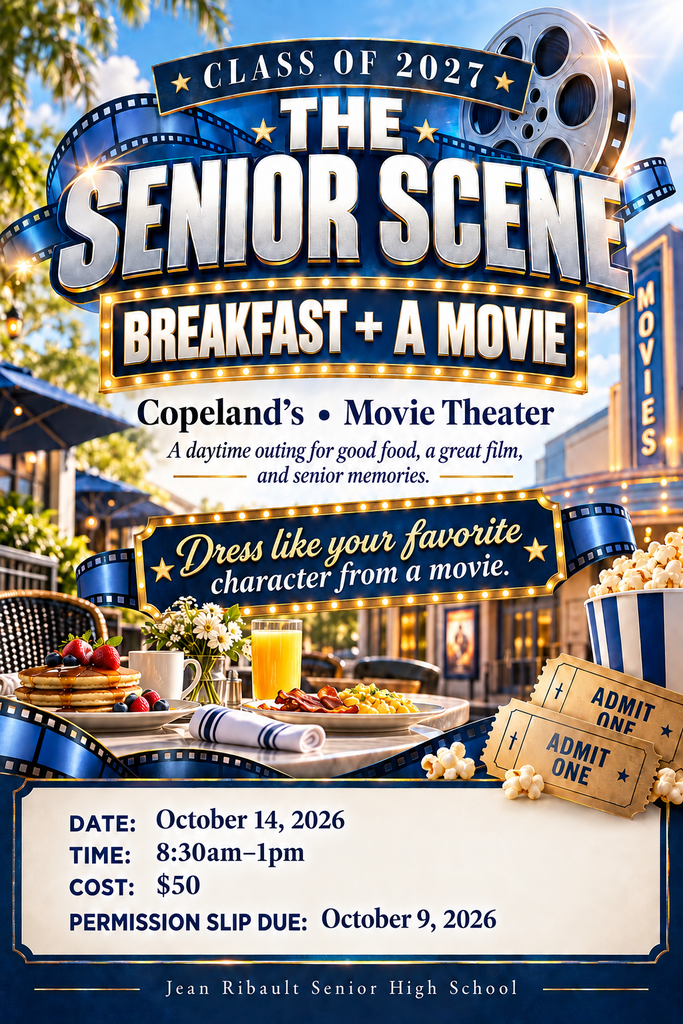 Advertisement for Senior Scene Breakfast and Movie event on October 14, 2026, at Copeland's Movie Theater. Dress code: movie character.