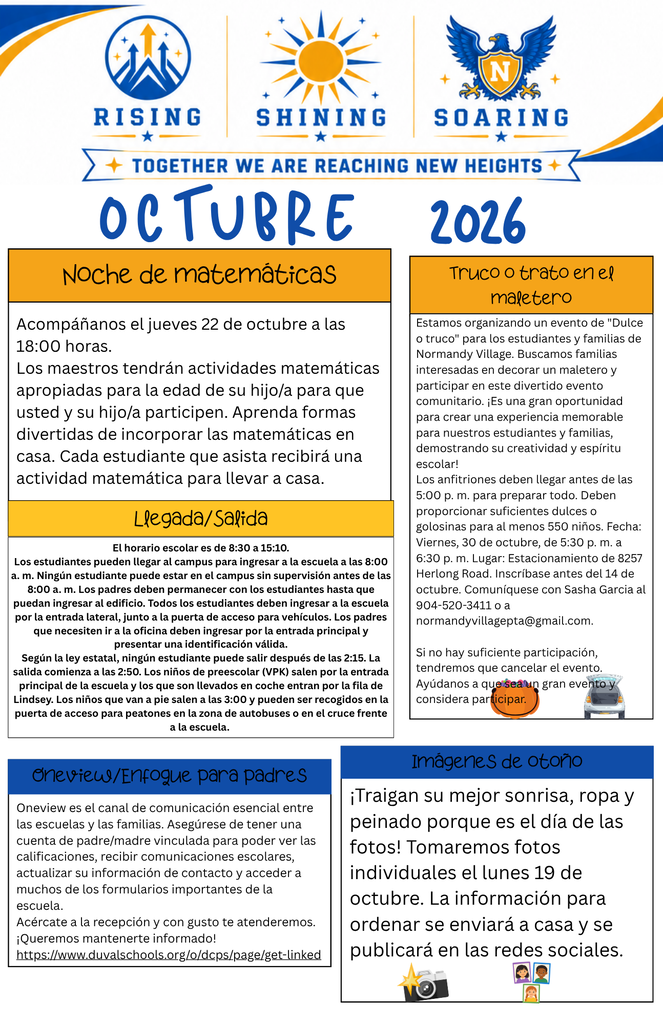 A flyer with "Rising Shining Soaring" and "Together We Are Reaching New Heights" at top. Sections include "Matematicas" and "Legado/Salida". Event on October 2026. Background shows a sun and a bird.