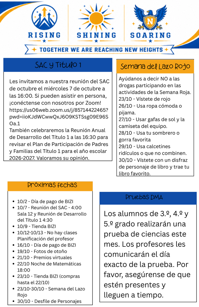 Bilingual flyer with two columns. Left has "SAC y Título 1" in bold. Right has "Semana del Lazo Rojo" in bold. Details about SAC and Lazo Rojo events.