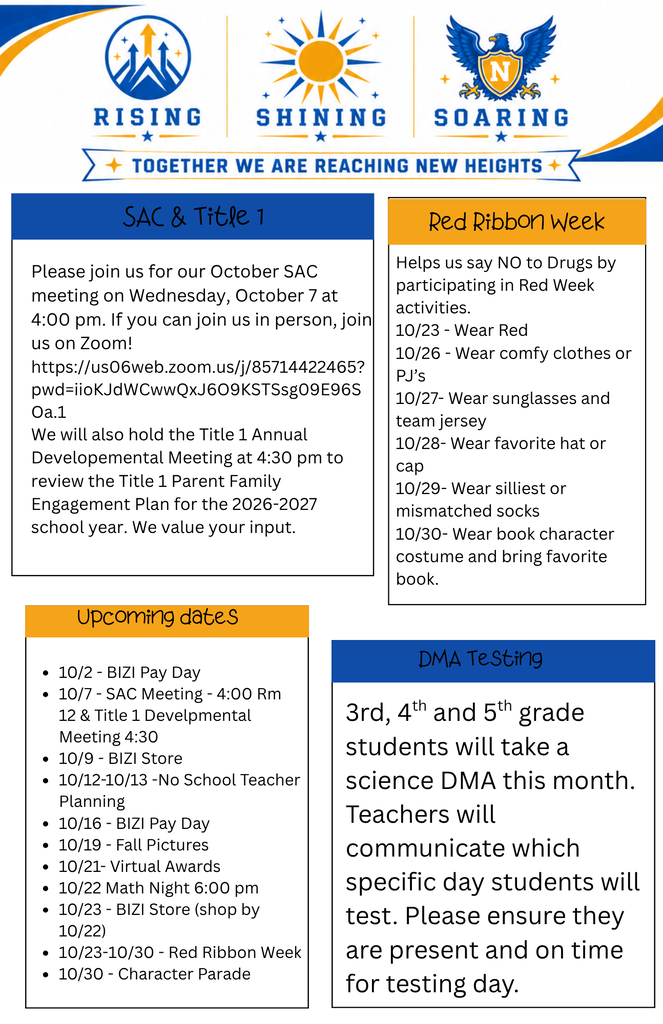 An event flyer displays "Rising Shining Soaring" with "Together We Are Reaching New Heights" above. Two columns with topics and dates.