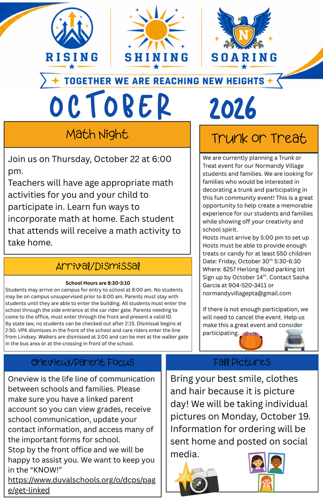 Event flyer with "October 2026" at top. Sections include "Math Night", "Trunk or Treat", "Overview/Parent Focus", and "Fall Pictures". Each section has text and icons.