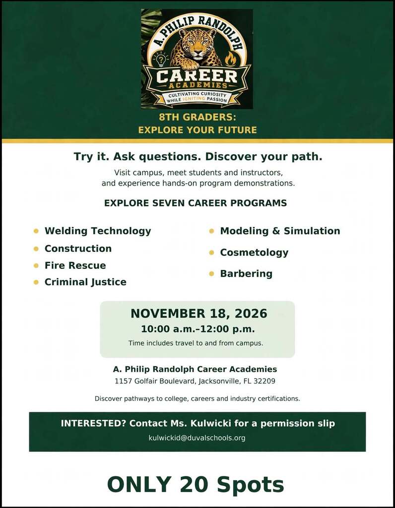 Green and white event flyer with a lion logo. Text reads "Explore Seven Career Programs" and lists programs. Date, time, and location are provided. Only 20 spots available.