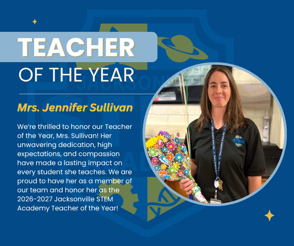 Blue background with white text. A woman holds flowers. Text reads "Teacher of the Year, Mrs. Jennifer Sullivan."