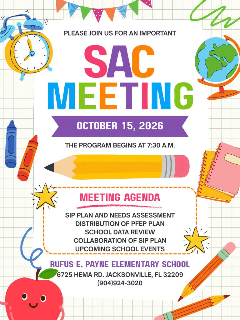 A colorful flyer for a SAC Meeting on October 15, 2026, featuring a pencil, apple, and other school items.