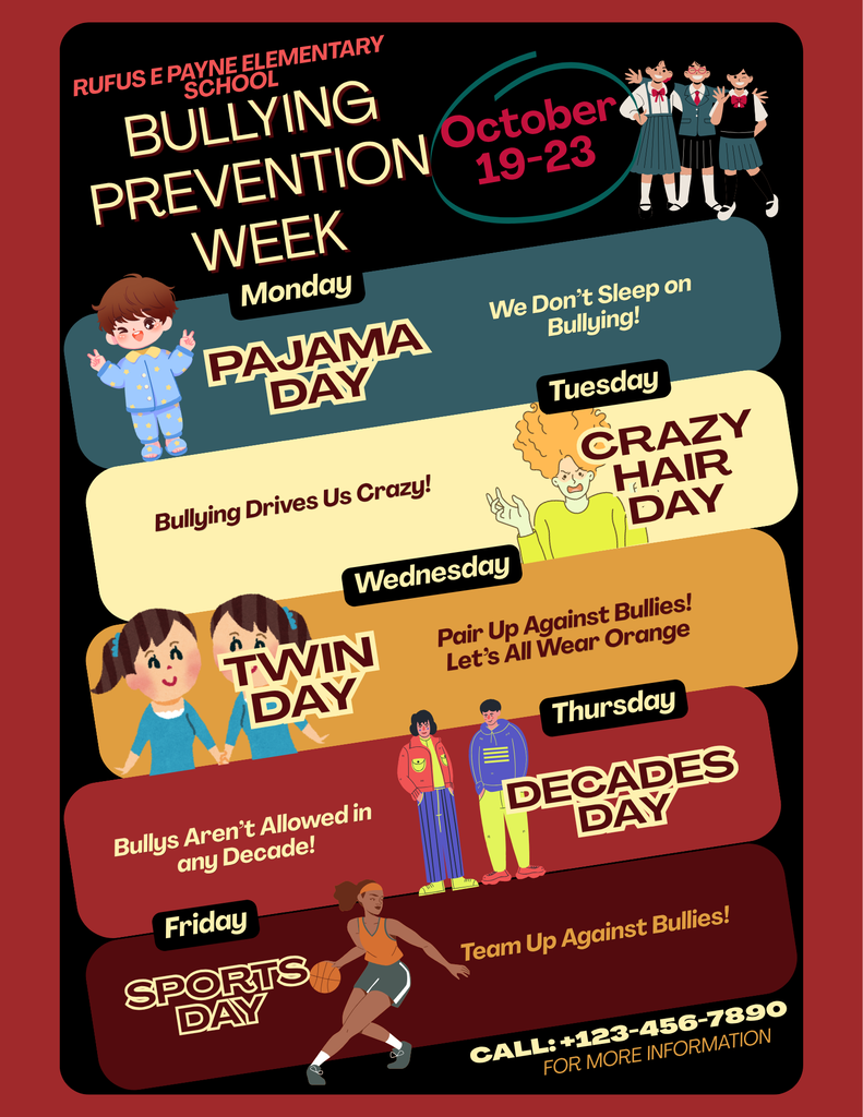 A promotional poster for Bullying Prevention Week. It lists the days, Oct 19-23, with themes like Pajama Day and Twin Day.