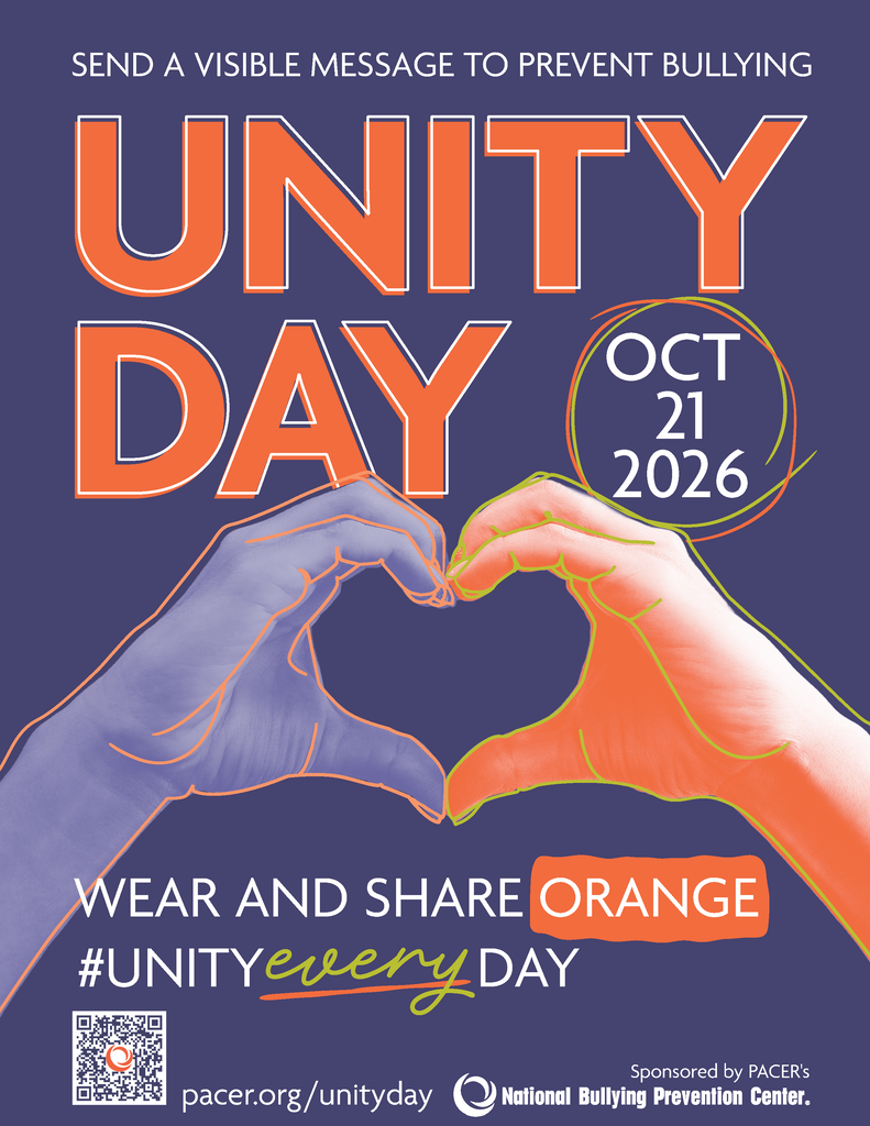 Poster with two hands forming a heart. "UNITY DAY" in large red letters. Date: OCT 21, 2026. Text: "WEAR AND SHARE ORANGE #UNITYeveryDAY". QR code.