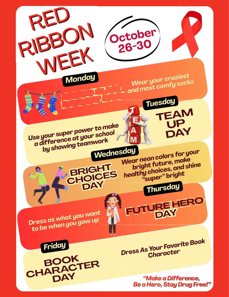 Weekly schedule for Red Ribbon Week from October 26-30. Each day features a different theme.