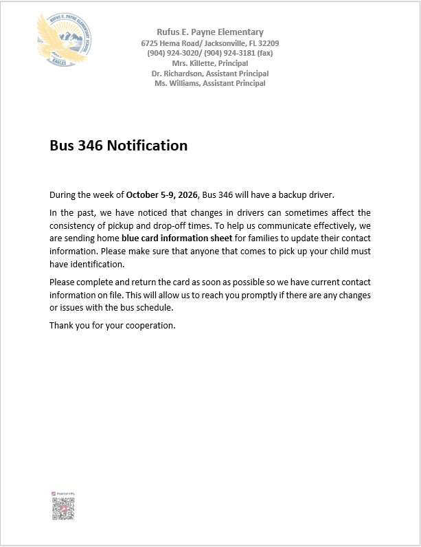 A document with a school logo at the top left corner. The title reads "Bus 346 Notification". Below it is text stating that the bus will have a backup driver during a specific week.