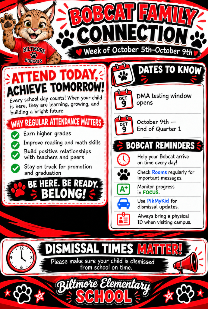 Biltmore Elementary’s “Bobcat Family Connection” newsletter for September 28–October 2 highlights the importance of daily attendance, with reminders about report card posting, BIZI payday, dismissal times, and checking school communication systems. The flyer also encourages families to arrive on time, monitor student progress, use PikMyKid for dismissal updates, and bring physical identification when visiting campus.