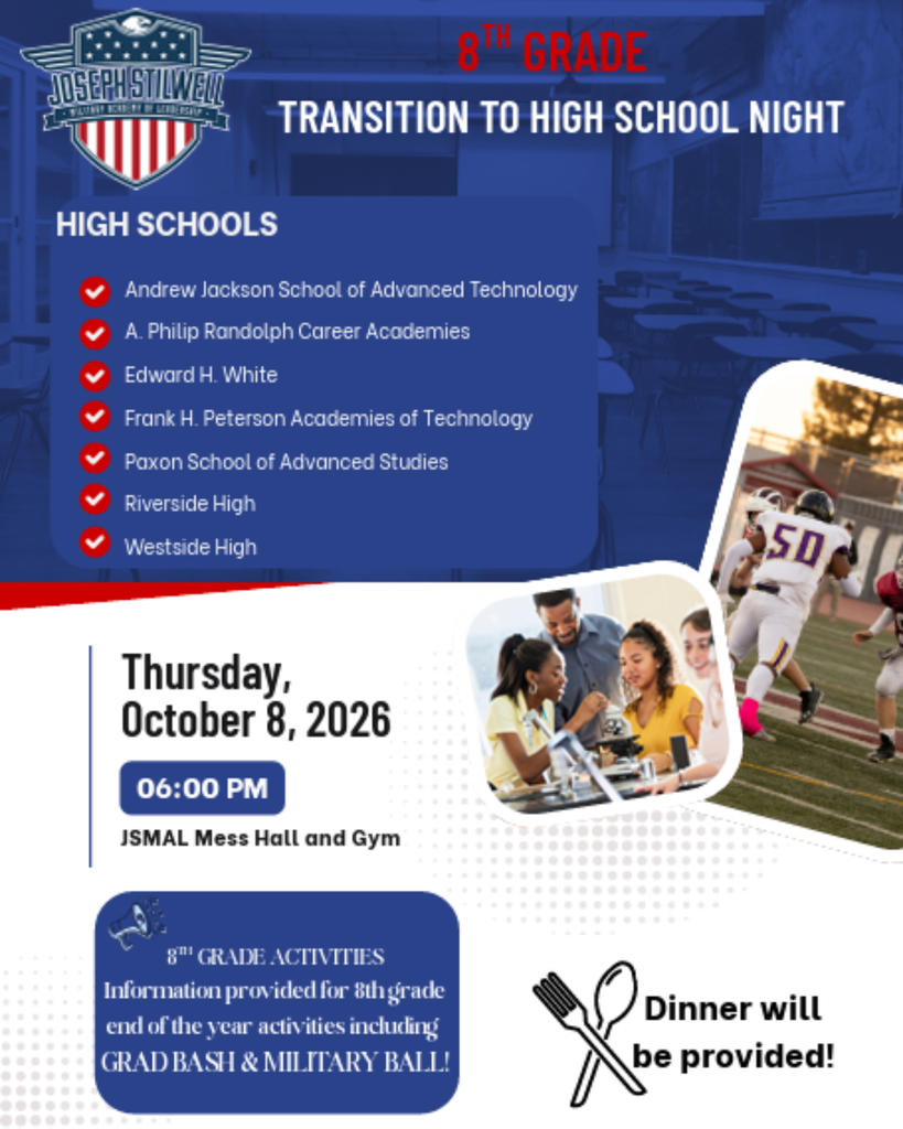 Event flyer for 8th Grade Transition to High School Night. Details include date, time, location, and a list of high schools.