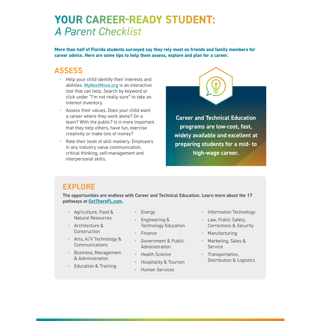 A page with text and icons lists career readiness tips for students, including assessing interests and skills.